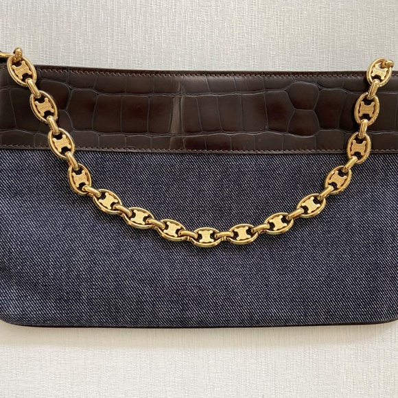 Vintage Celine Triomphe Chain Wristlet / Mini Bag w/ COA – Denim & Croc Embossed - Picture 14 of 16